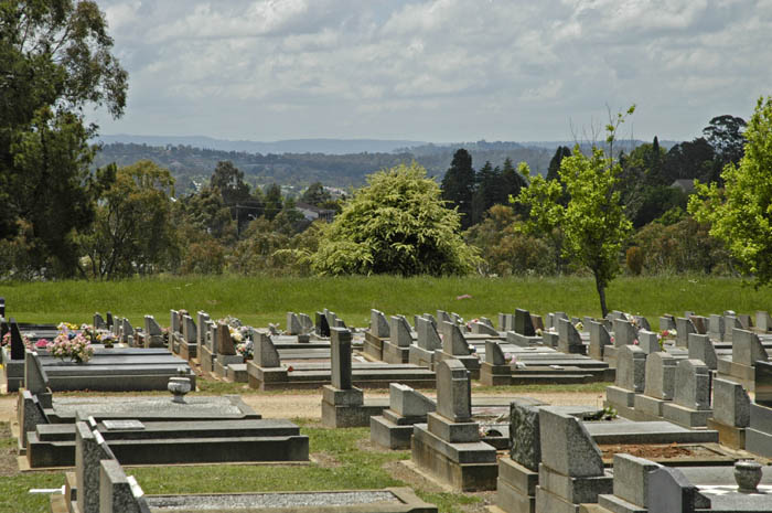 Cemetery on hill above town