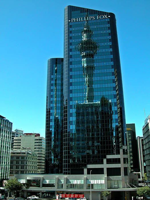 Building reflected in windows